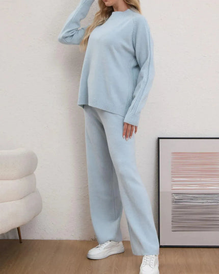 Mock Neck Long Sleeve Top and Pants Sweater Set - ShopEasier