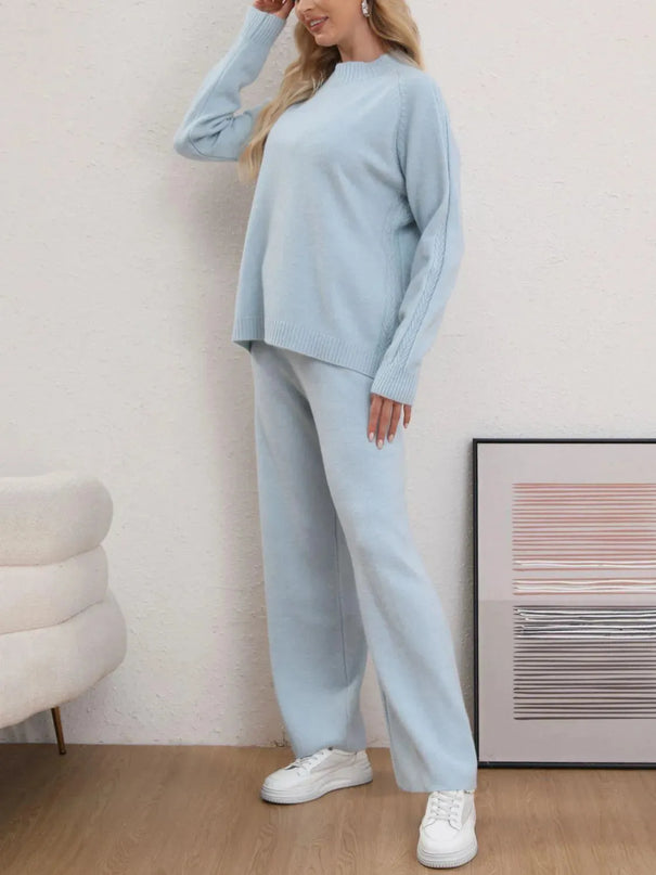 Mock Neck Long Sleeve Top and Pants Sweater Set - ShopEasier