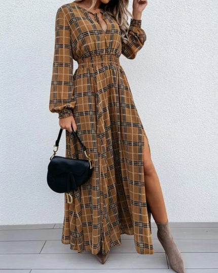 Slit Plaid Tie Neck Long Sleeve Maxi Dress - ShopEasier