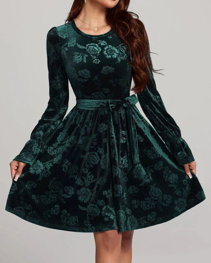 Tied Flower Print Round Neck Flounce Sleeve Dress - ShopEasier