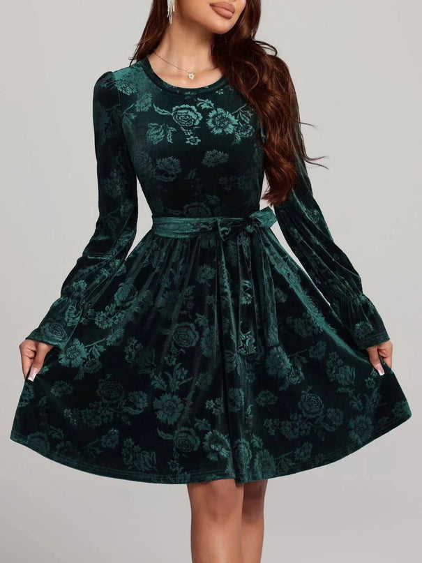 Tied Flower Print Round Neck Flounce Sleeve Dress - ShopEasier