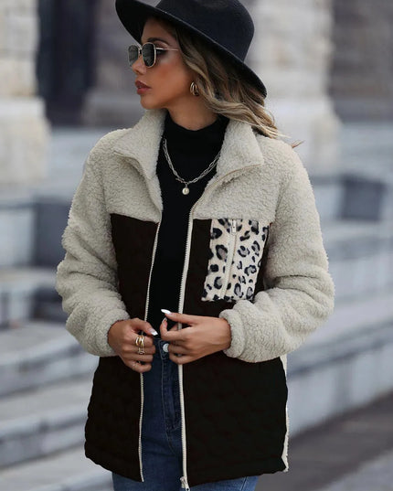 Leopard Print Color Block Zip-Up Hooded Jacket