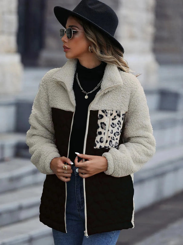 Leopard Print Color Block Zip-Up Hooded Jacket