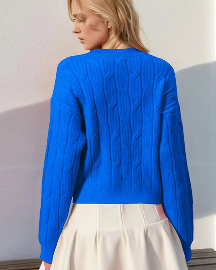 Double Take Full Size Bow Cable-Knit Round Neck Sweater - ShopEasier