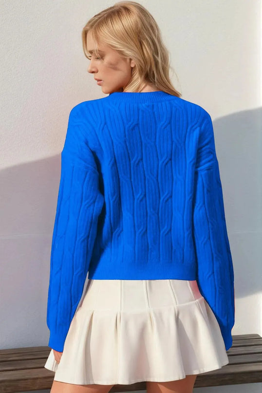 Double Take Full Size Bow Cable-Knit Round Neck Sweater - ShopEasier