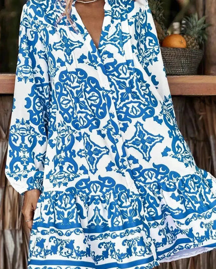 Ruffled Printed Notched Long Sleeve Dress