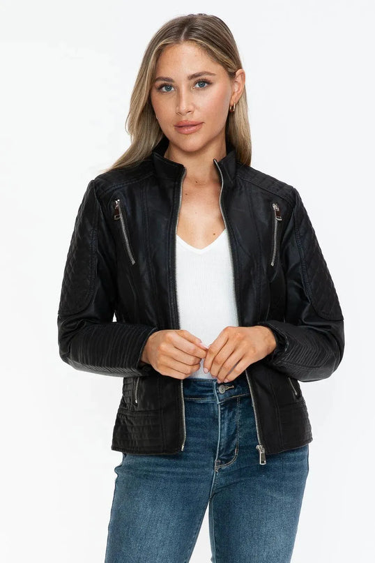 Snobbish Faux Leather Zip Up Mock Neck Jacket - ShopEasier