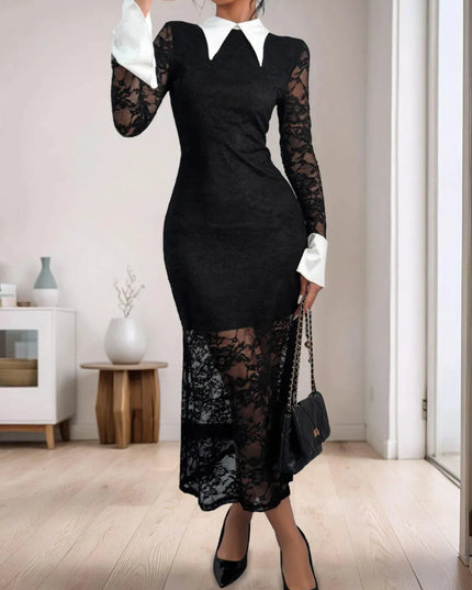 Perfee Lace Contrast Collared Neck Long Sleeve Midi Dress - ShopEasier