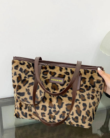 Leopard Faux Fur Tote Bag with Coin Purse