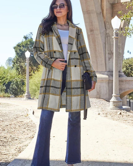 Plaid Button-Up Lapel Coat with Pockets - Full Size Double Take Design