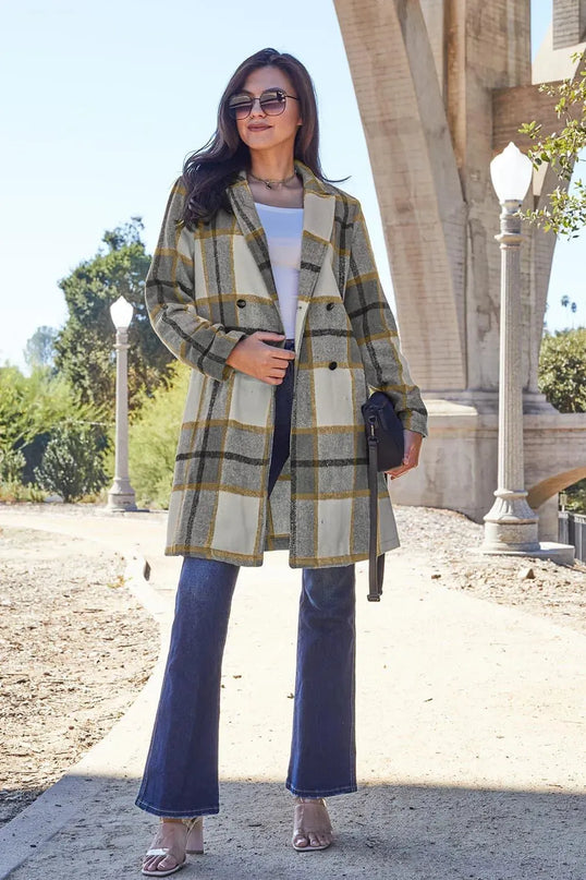 Plaid Button-Up Lapel Coat with Pockets - Full Size Double Take Design