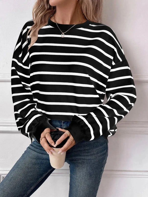 Chic Striped Round Neck Long Sleeve Sweatshirt