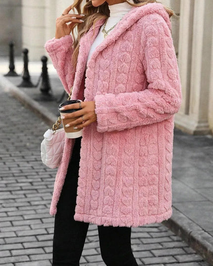 Fuzzy Heart Hooded Coat with Open Front