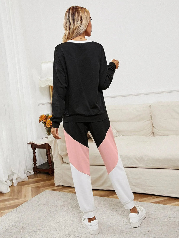 Chevron Color Block Lounge Set with Sweatshirt and Joggers