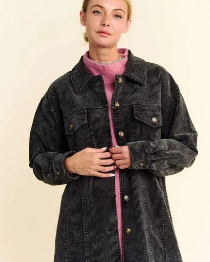 Davi & Dani Distressed Washed Corduroy Button-Up Jacket