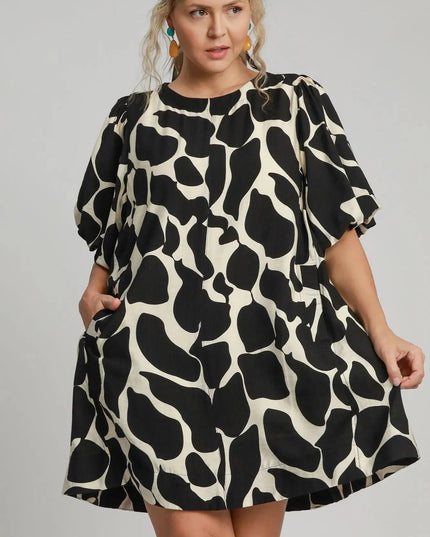 Umgee Full Size Two Tone Abstract Print Puff Sleeve Dress Plus Size