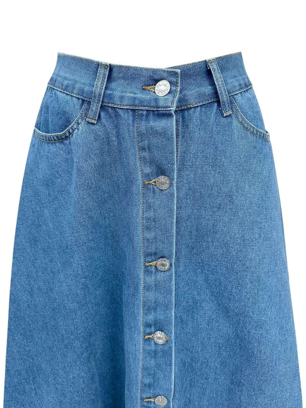 Buttoned Midi Denim Skirt with Pockets - ShopEasier