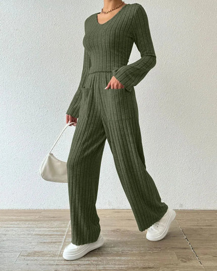 V-Neck Ribbed Long Sleeve Top with Pocketed Trousers Set