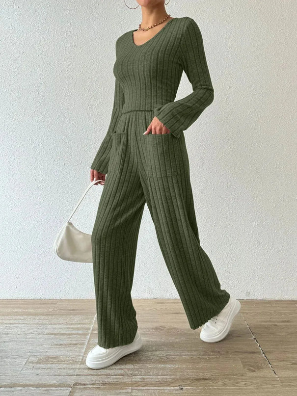 V-Neck Ribbed Long Sleeve Top with Pocketed Trousers Set