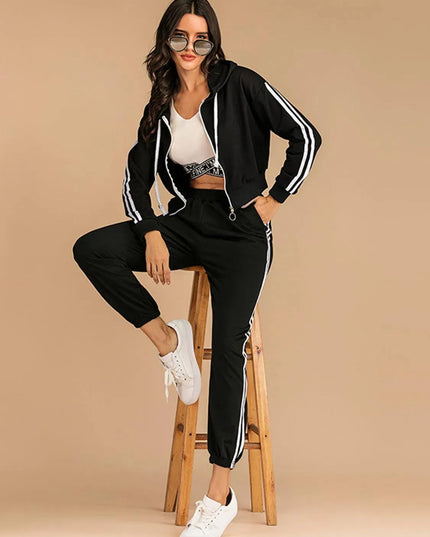 Perfee Drawstring Side Stripe Zip Up Hooded Top and Pants Set - ShopEasier