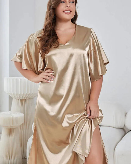 Plus Size Flutter Sleeve V-Neck Side Slit Night Gown