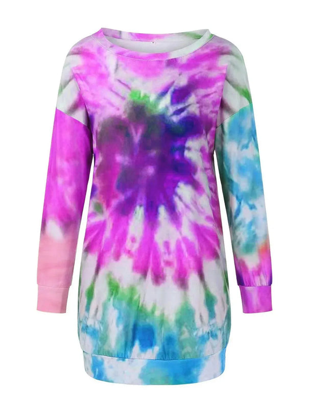 Vestido de manga larga con cuello redondo y efecto tie-dye de tamaño completo