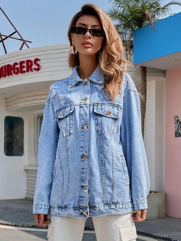 Distressed Button Up Long Sleeve Denim Top - ShopEasier