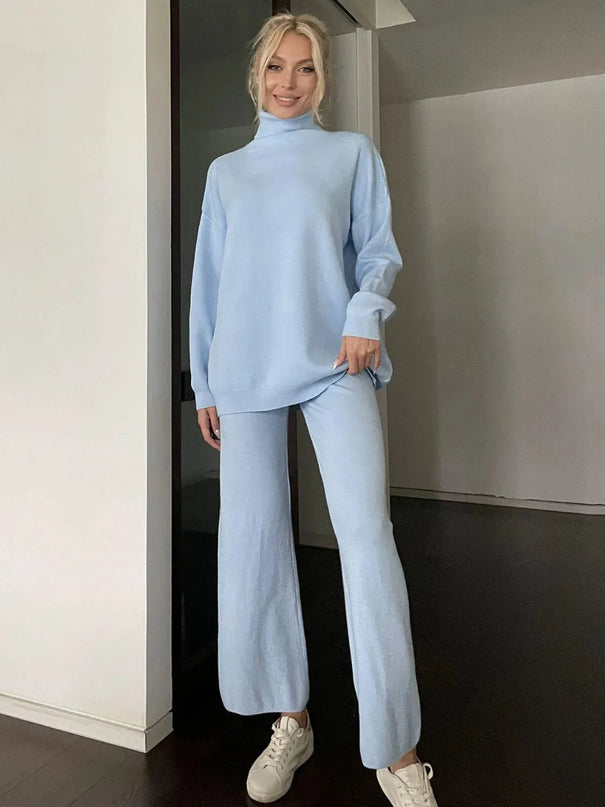 Turtleneck Long Sleeve Top and Drawstring Pants Sweater Set - ShopEasier