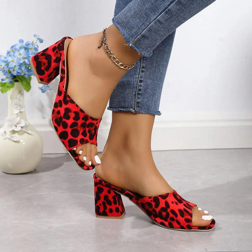 Leopard Print Suede Mid Heel Sandals