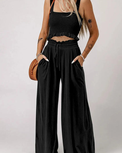 Chic Square Neck Crop Top and Flare Pants Ensemble