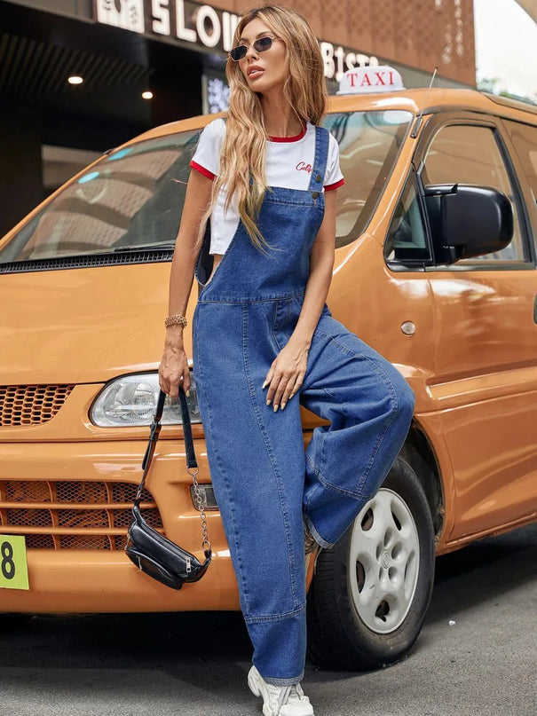 Wide Strap Wide Leg Denim Overalls - ShopEasier