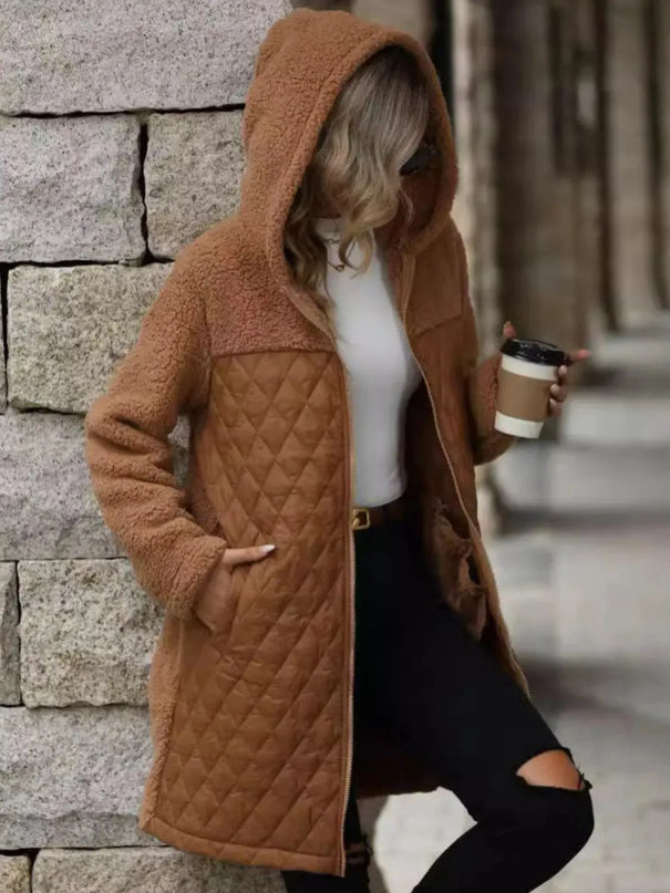 Textured Hooded Zip-Up Coat with Long Sleeves