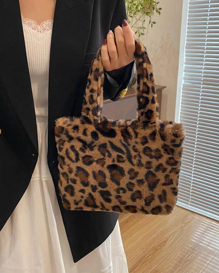 Leopard Print Fluff Zip-Up Handbag