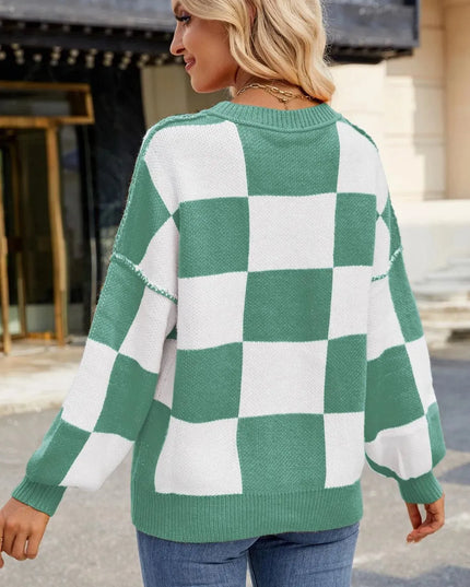 Checkered Round Neck Long Sleeve Sweater - ShopEasier