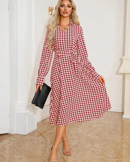 Tied Houndstooth Long Sleeve Midi Dress