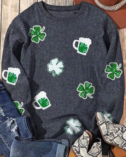 Lucky Clover Beer Sequin Round Neck Sweatshirt - ShopEasier