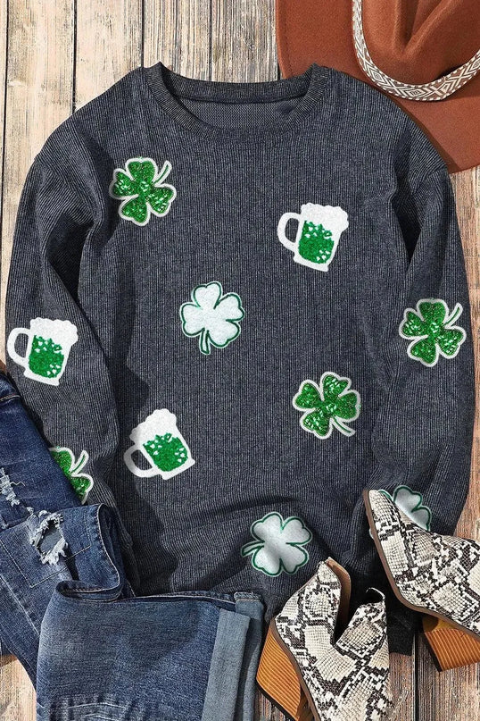 Lucky Clover Beer Sequin Round Neck Sweatshirt - ShopEasier