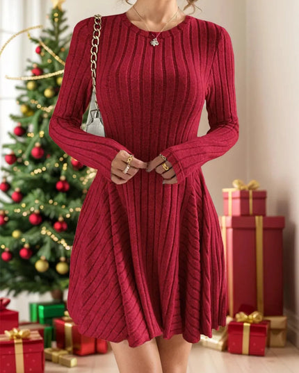 Ribbed Round Neck Long Sleeve Dress - ShopEasier