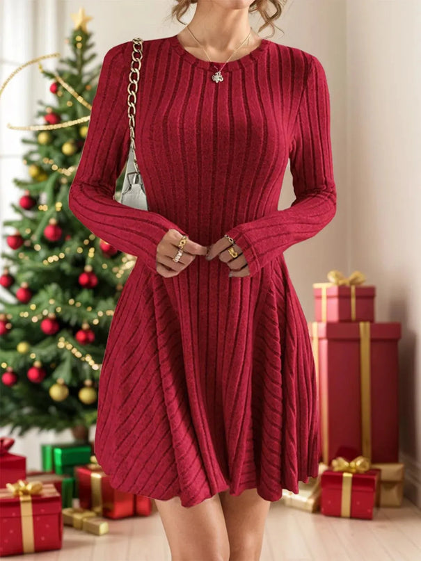 Ribbed Round Neck Long Sleeve Dress - ShopEasier