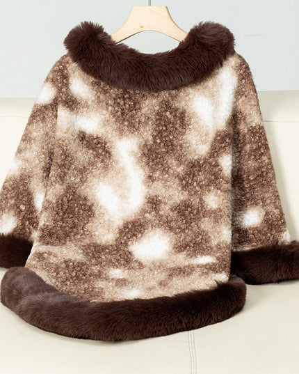 Furry Contrast Three-Quarter Poncho - ShopEasier