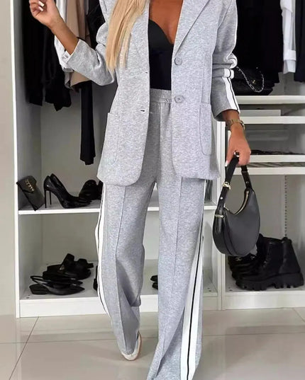 Full Size Contrast Lapel Collar Top and Pants Set - ShopEasier