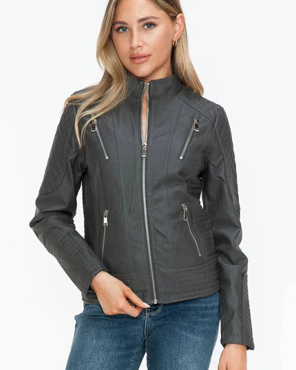 Snobbish Faux Leather Zip Up Mock Neck Jacket - ShopEasier