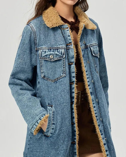 Pocketed Button Up Denim Jacket with Fur Lining