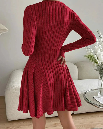 Ribbed Round Neck Long Sleeve Dress - ShopEasier