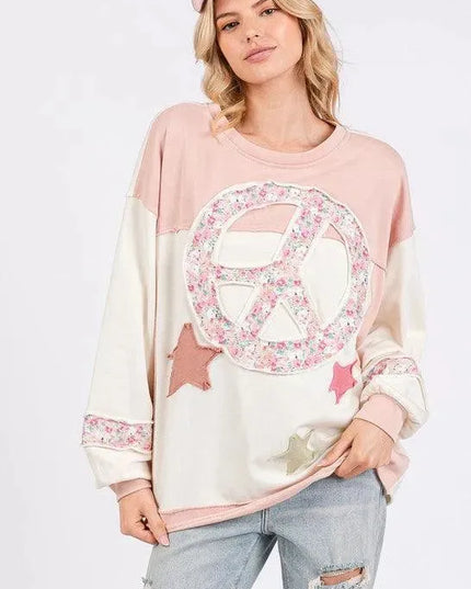 Peace & Star Patch Contrast Round Neck Casual Sweatshirt