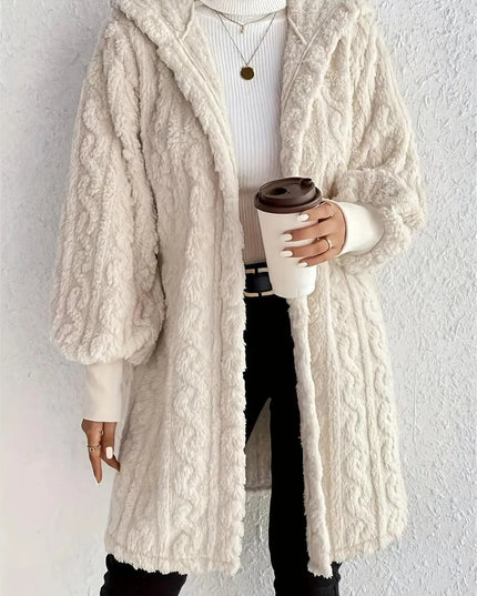 Cozy Hooded Fuzzy Jacket with Open Front and Long Sleeves