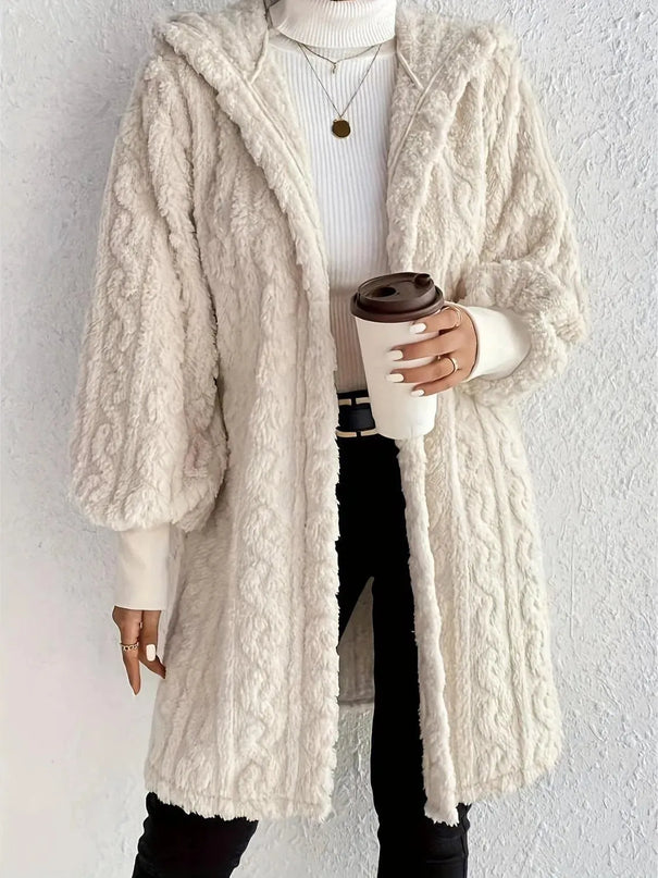 Cozy Hooded Fuzzy Jacket with Open Front and Long Sleeves