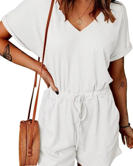 Full Size Drawstring V-Neck Short Sleeve Romper - ShopEasier