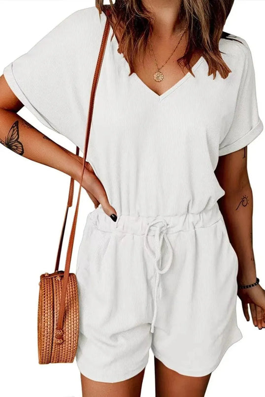 Full Size Drawstring V-Neck Short Sleeve Romper - ShopEasier