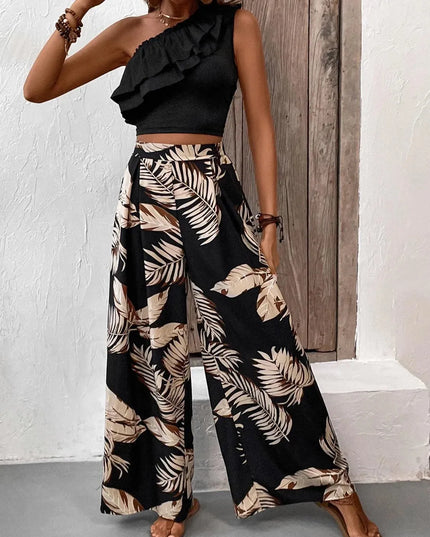 Honey Ruffled Sleeveless Blouse and Patterned Trousers Set